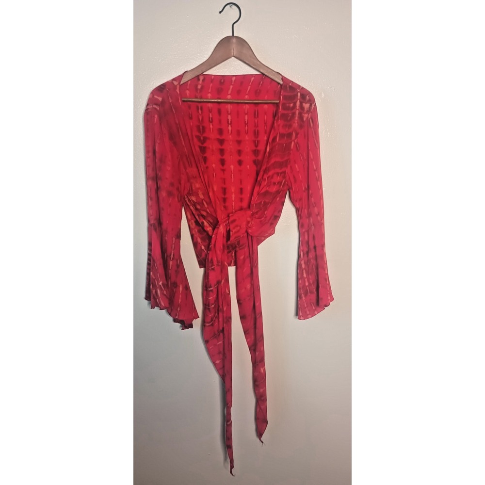 Boho Tie Dye Wrap Crop Top Bell Sleeve Womens M Red Festival Fairycore Hippie